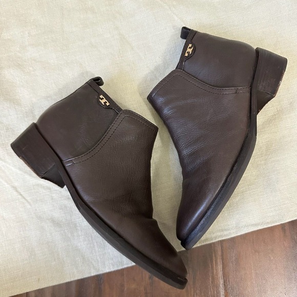 TORY BURCH Lexi Leather Ankle Boots Booties Pull On in Brown - Picture 6 of 11